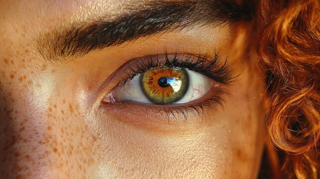 Close-up of a green hazel eye with detailed iris and long eyelashes surrounded by freckled skin and curly red hair, evoking curiosity and intensity