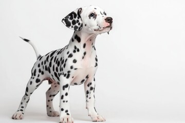 Young Dalmatian puppy standing on a white background looking attentive and curious with black spots on white fur
