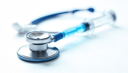 Medical Equipment on White Background A collection of modern medical instruments, including a stethoscope, medical scissors, forceps, a reflex hammer, and a sterile syringe, arranged artfully on a