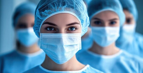 Group of healthcare workers wearing surgical masks and caps standing closely together with focused and determined expressions