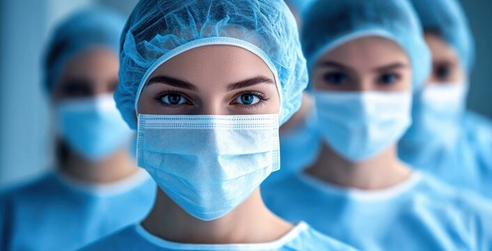 Group of healthcare workers wearing surgical masks and caps standing closely together with focused and determined expressions