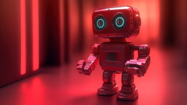 small shiny red robot with glowing blue circular eyes standing on glossy red floor inside a futuristic corridor bathed in warm red light emitting a playful and curious atmosphere