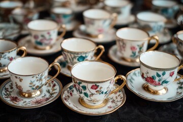 Elegant collection of vintage porcelain teacups and saucers with floral patterns and gold accents arranged on a dark fabric surface