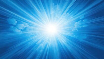 Bright white sun shining through blue sky with scattered light clouds and radiating sunrays creating a serene and uplifting atmosphere