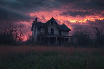 Old abandoned wooden house surrounded by overgrown grass and leafless trees under a dramatic cloudy sunset sky