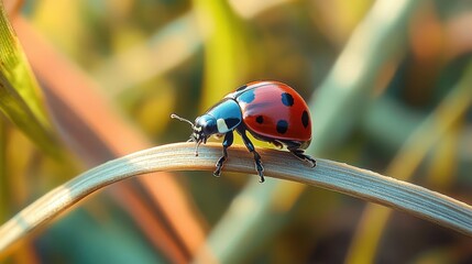 Close-up of a vibrant red ladybug with black spots walking on a curved thin plant stem with blurred green and brown background