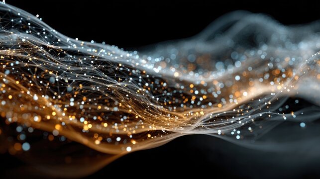 Stunning abstract network visualization with flowing data streams in gold and silver for futuristic technology concepts and innovative digital designs, perfect for modern branding