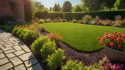 Obraz premium Beautiful landscaped garden with lush green lawn colorful flowers and bright sunlight
