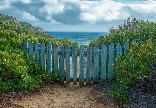 weathered wooden fence opening leading through lush green shrubs to a sandy path and calm ocean under a partly cloudy sky - Powered by Adobe