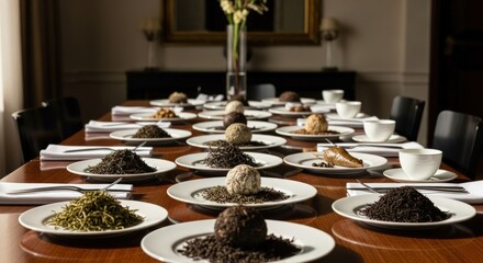 Long dining table set with various tea blends and