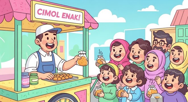 Happy Customers Buy Delicious Cimol Snacks from a Street Food Vendor