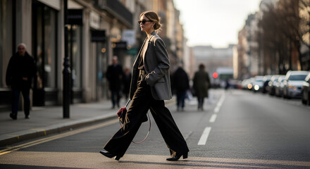 Confident woman walking on street in business attire during the day  