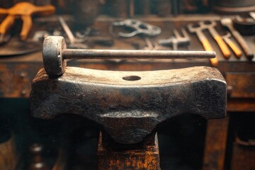 close-up of a worn anvil with a metal hammer resting on top in a rustic workshop with blurred tools in the background