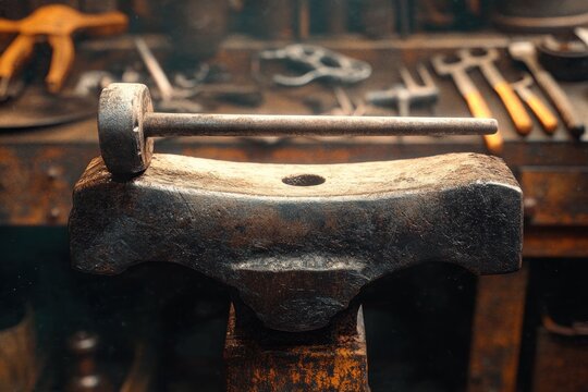 close-up of a worn anvil with a metal hammer resting on top in a rustic workshop with blurred tools in the background
