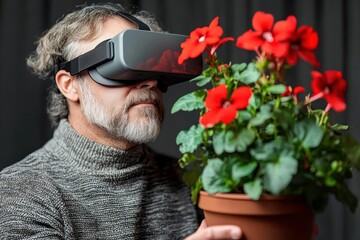 middle aged man wearing a virtual reality headset examines a potted plant with vibrant red flowers indoors with a focused expression