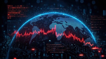 Digital glowing globe with continents illuminated by blue light and overlaid with a red fluctuating data graph representing global data trends and technology