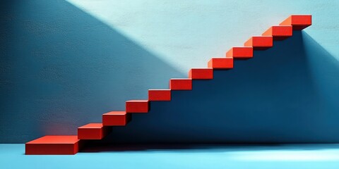 Minimalist red staircase ascending against a textured blue wall with a strong diagonal shadow creating a geometric and modern atmosphere