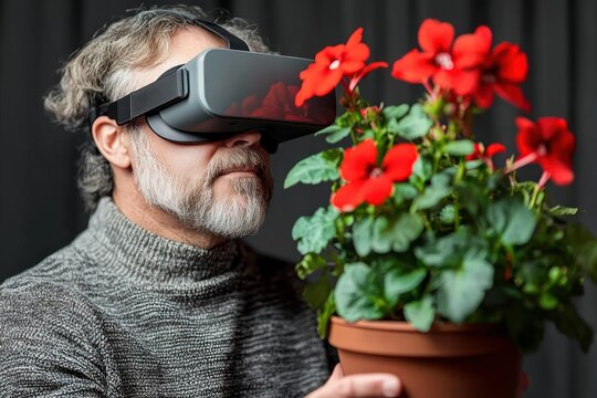 middle aged man wearing a virtual reality headset examines a potted plant with vibrant red flowers indoors with a focused expression