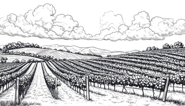Black and white vineyard landscape drawing