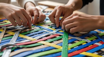 Close-up of hands cutting colorful paper strips