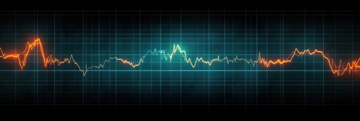 Abstract digital waveform graph with fluctuating orange and yellow lines on a blue grid background representing data or signal analysis