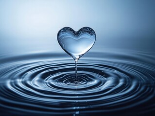 Clear water droplet forming a heart shape above rippling water surface with soft blue lighting