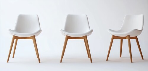 Three modern minimalist chairs with white curved seats and wooden legs arranged against a plain white background, evoking simplicity and calmness