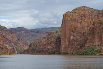 Beautiful Canyon Lake in Tonto National Forest in Arizona on an overcast day