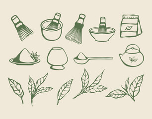 set of hand drawn matcha green tea illustration