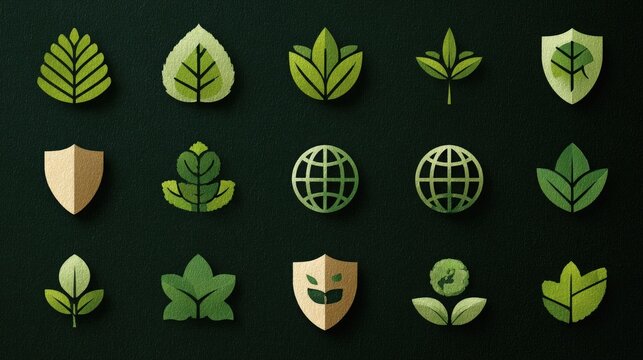Modern green leaves and globe icons symbolizing environmental protection and sustainability, perfect for branding eco-friendly products and conveying a commitment to nature conservation