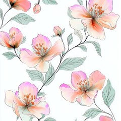 Delicate illustration of pink and peach flowers with green leaves on white background evoking a soft and peaceful feeling