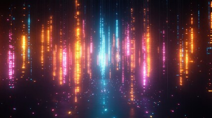 Fototapeta premium Abstract digital vertical light streams in vibrant orange, pink, and blue hues illuminating a dark reflective space creating a futuristic, immersive atmosphere