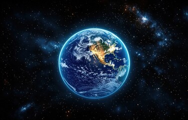 View of Earth from space showing North and Central America with glowing city lights, surrounded by stars and cosmic clouds in dark galaxy