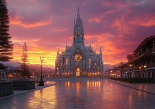 Gothic cathedral illuminated at sunset with colorful dramatic sky and reflections on smooth wet pavement in a tranquil square - Powered by Adobe