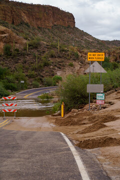 Flooded road from recent rainstorm at Tortilla Flat Arizona on the Apache Trail