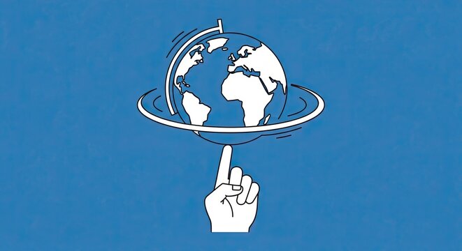 Stylized illustration of a hand balancing the spinning planet Earth on a single finger against a blue background.