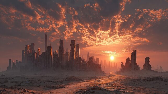 Abandoned destroyed city in apocalyptic wasteland concept. A stunning sunset over a futuristic cityscape with dramatic clouds.