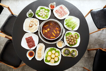 Chinese Hot Pot Assorted Fresh Ingredients Flat Lay
