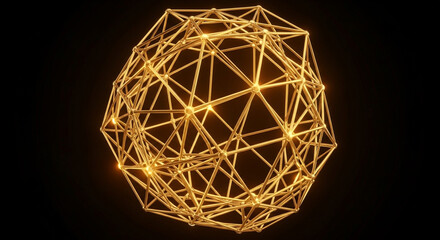 Golden geometric polyhedron glowing with light, abstract 3d render complex crystalline structure, representing network, connection, and data