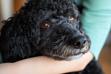 close-up of a black curly-haired dog with expressive brown eyes being gently held by a person wearing a teal shirt, conveying a calm and affectionate moment