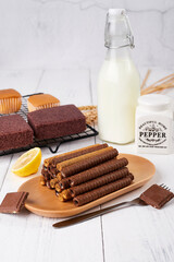Chocolate Wafer Rolls Cookies with Milk Breakfast