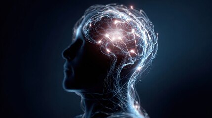 This artwork showcases abstract neural connections, representing brain activity with glowing lines and a silhouette of a human head.