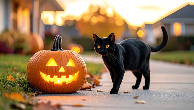 Black cat beside lit jack-o'-lantern on sidewalk - Powered by Adobe