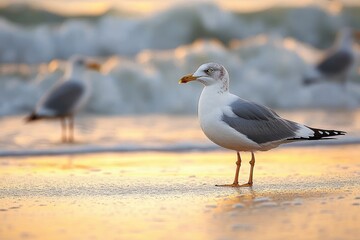 Seagull standing on wet sandy beach during sunset with blurred waves and other seagulls in the background