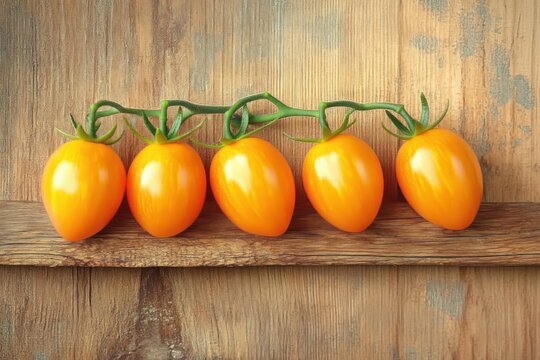 Five ripe yellow cherry tomatoes attached to a green vine placed on a rustic wooden surface with a weathered wood background - Powered by Adobe