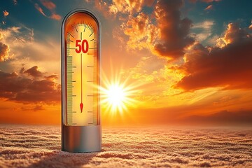 Large thermometer showing high temperature above fifty degrees set against a dramatic sunset sky with vibrant orange and yellow clouds