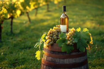 Fototapeta premium Rustic wooden barrel topped with a bottle of white wine and clusters of ripe green grapes with vine leaves in a sunlit vineyard during golden hour