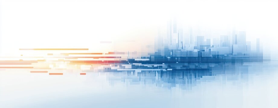 Abstract digital cityscape with blurred blue and orange rectangular shapes transitioning from warm to cool tones, representing futuristic urban skyline and dynamic data flow