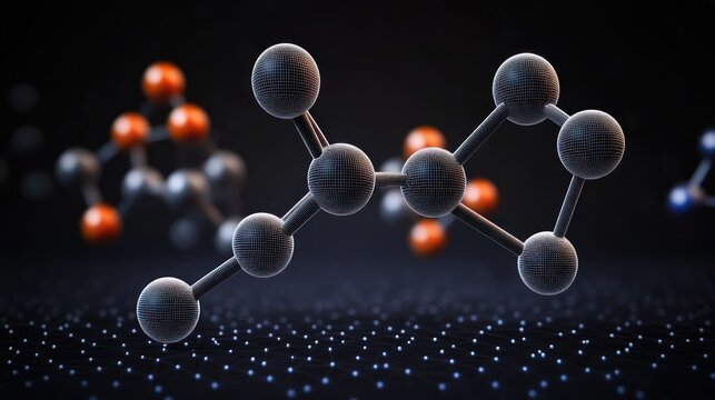 3d molecular structure model composed of interconnected spheres representing atoms with a dark background and glowing particles, evoking a futuristic scientific atmosphere