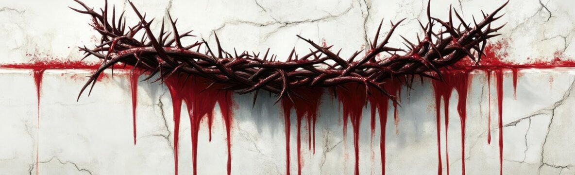 dark thorny crown dripping with fresh blood against a cracked white surface, conveying pain and suffering